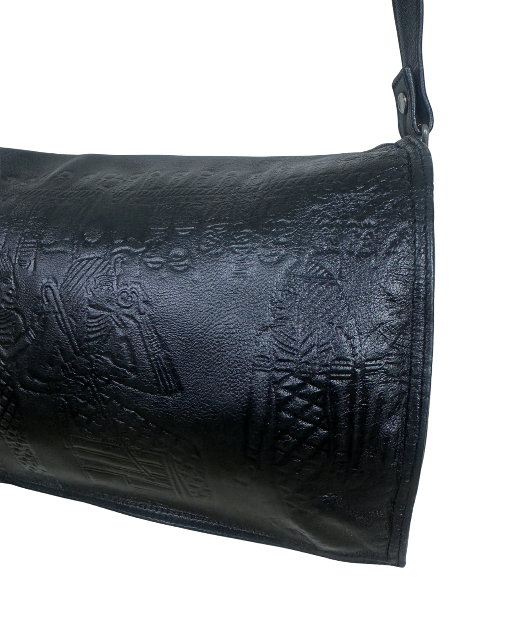Genuine Leather Embossed Egyptian Motif Black Crossbody Bag