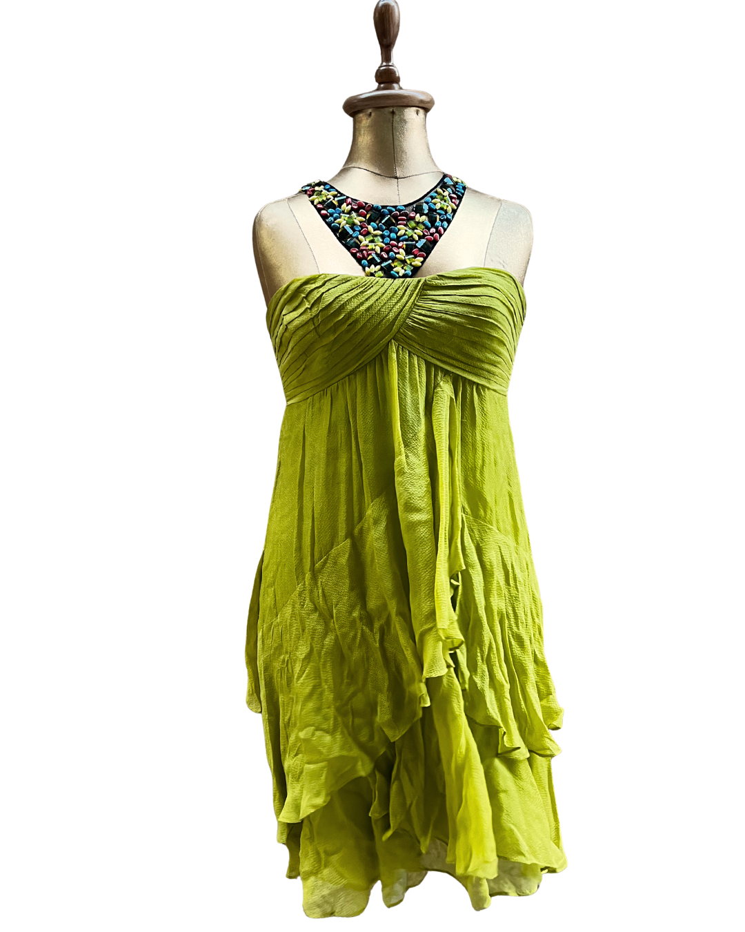 BCBG Maxazria Y2K Beaded Halter Layered Silk Dress