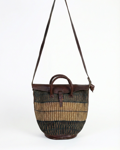 Vintage Handwoven Sisal & Leather Basket Bag