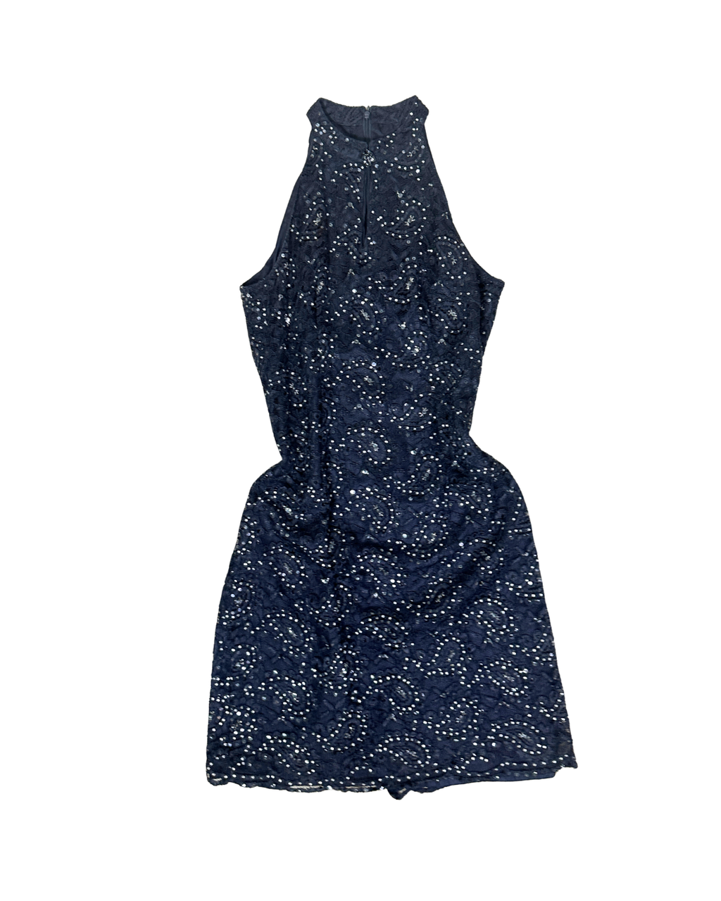 Precis Petite Navy Lace & Sequin High-Neck Keyhole Cocktail Dress - Large