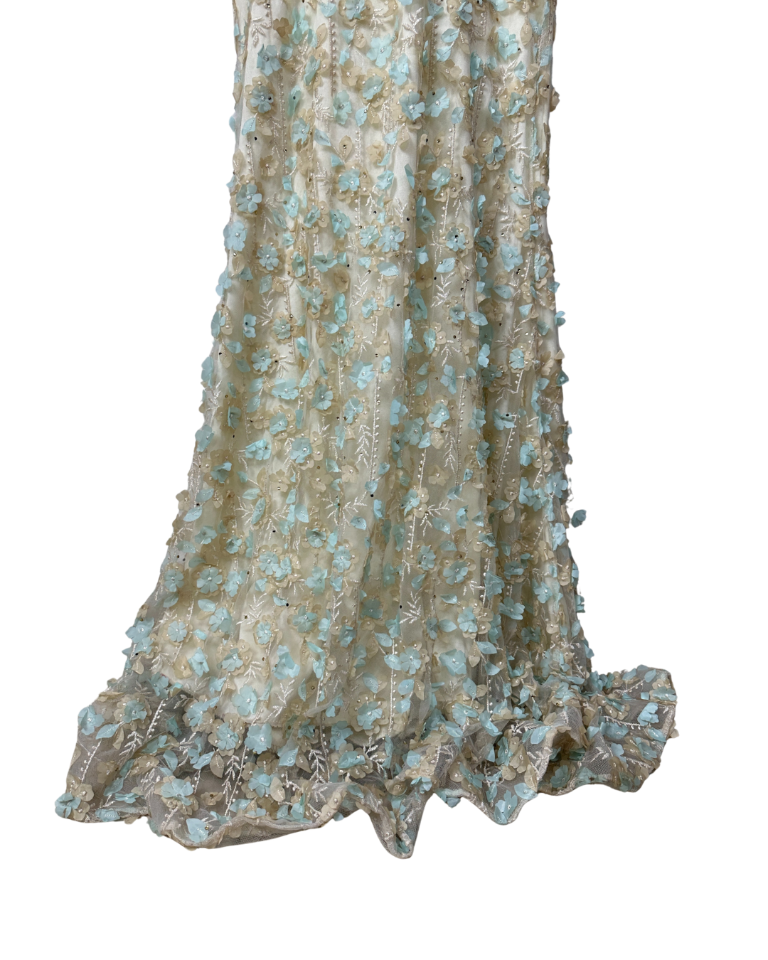Ivory & Mint Fairycore 3D Floral Appliqués Pearl Beaded Gown