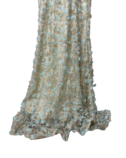 Ivory & Mint Fairycore 3D Floral Appliqués Pearl Beaded Gown