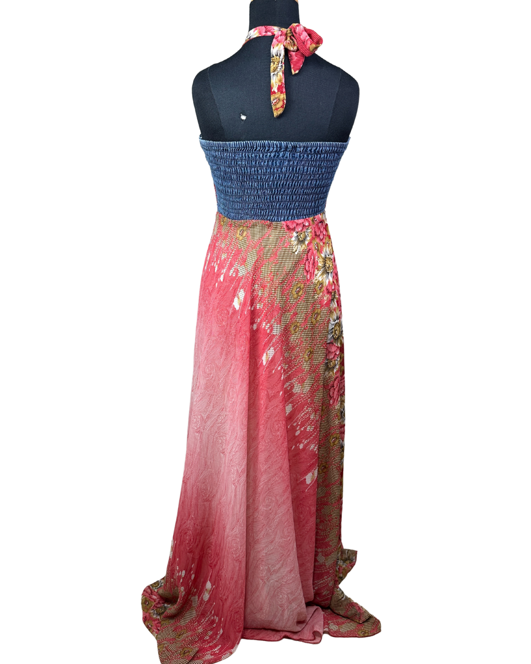 00s Y2K Halter Maxi Dress with Denim Bodice & Red Leather Belt Detail