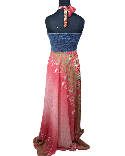 00s Y2K Halter Maxi Dress with Denim Bodice & Red Leather Belt Detail