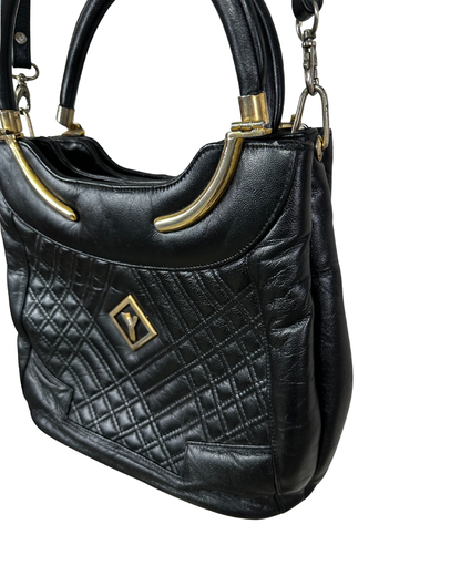 Vintage Black Quilted Leather Satchel with Gold Accents