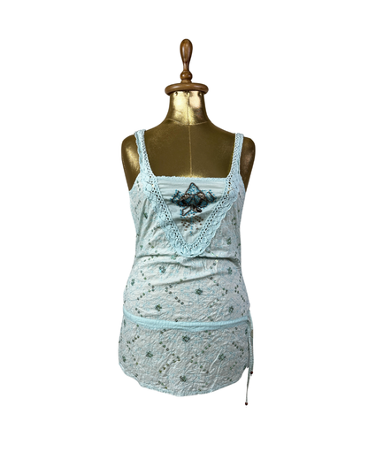 Jeans West Embroidered Lace-Trim Tank Top w/ Waist Drawstring - Small