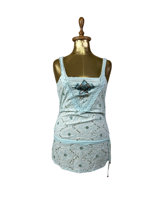 Jeans West Embroidered Lace-Trim Tank Top w/ Waist Drawstring - Small