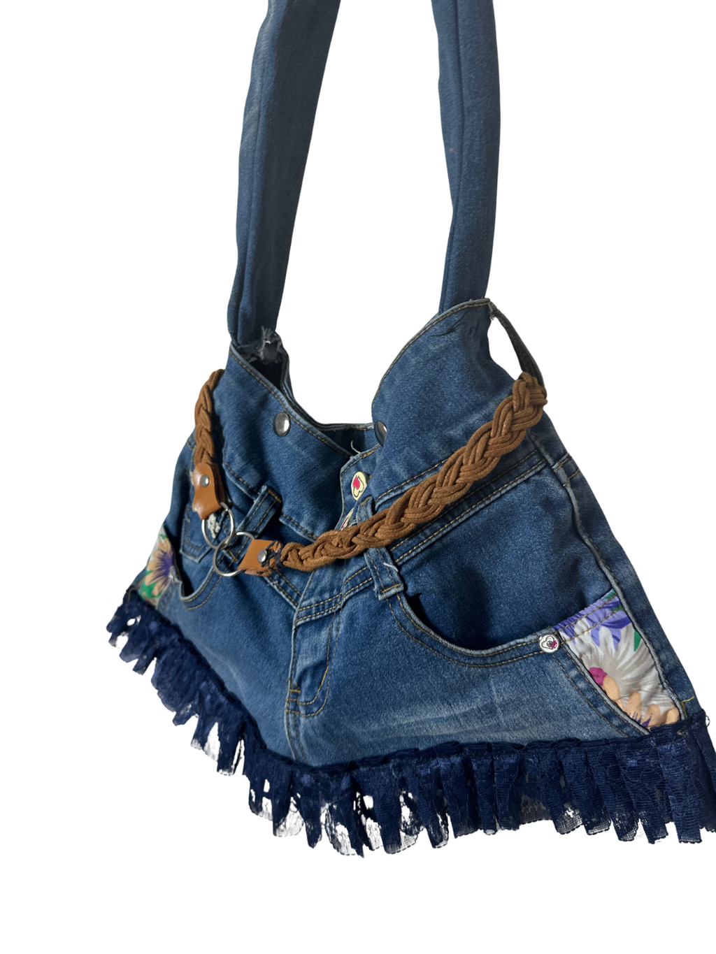 Upcycled Denim Jeans Shoulder Bag with Braided Belt and Lace Trim