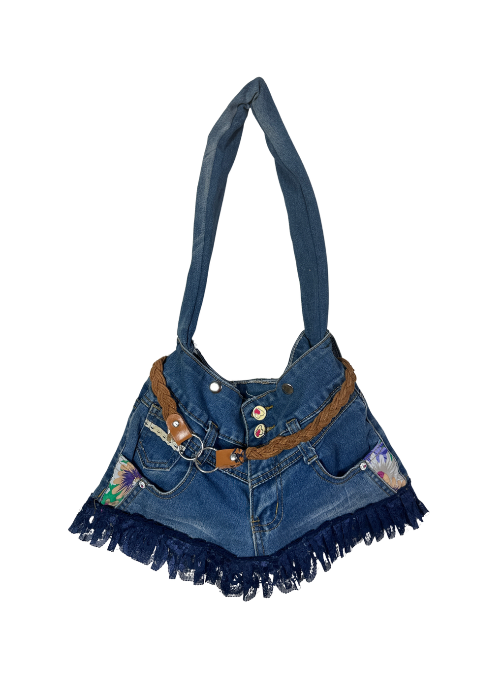 Upcycled Denim Jeans Shoulder Bag with Braided Belt and Lace Trim