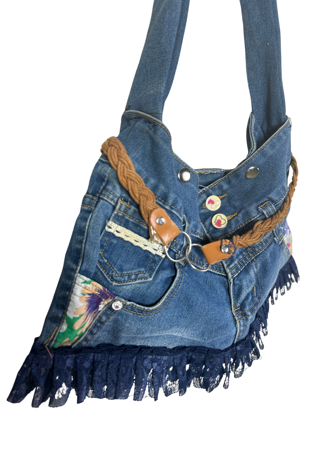 Upcycled Denim Jeans Shoulder Bag with Braided Belt and Lace Trim