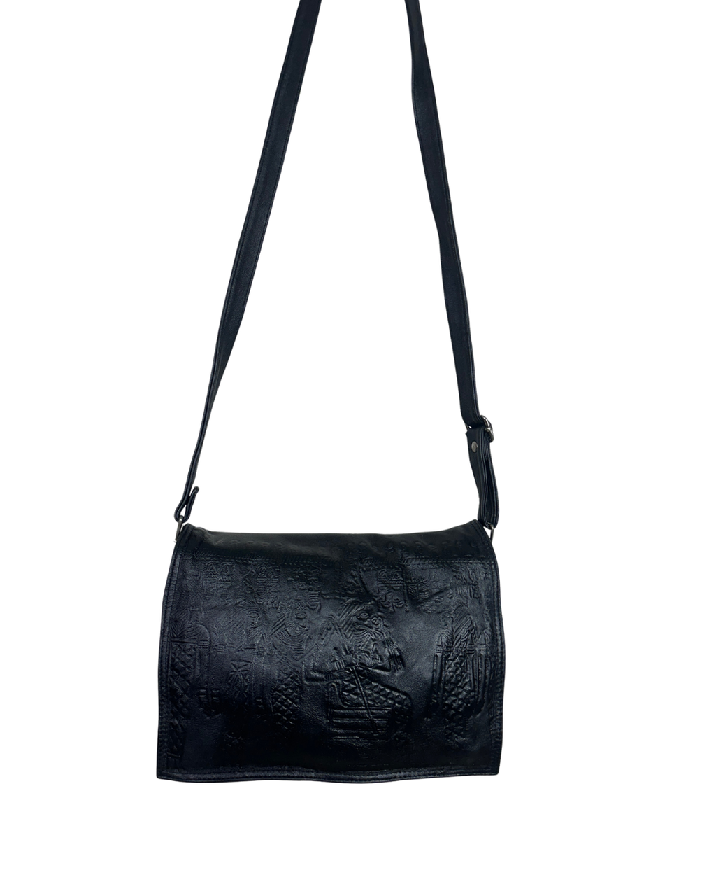 Genuine Leather Embossed Egyptian Motif Black Crossbody Bag