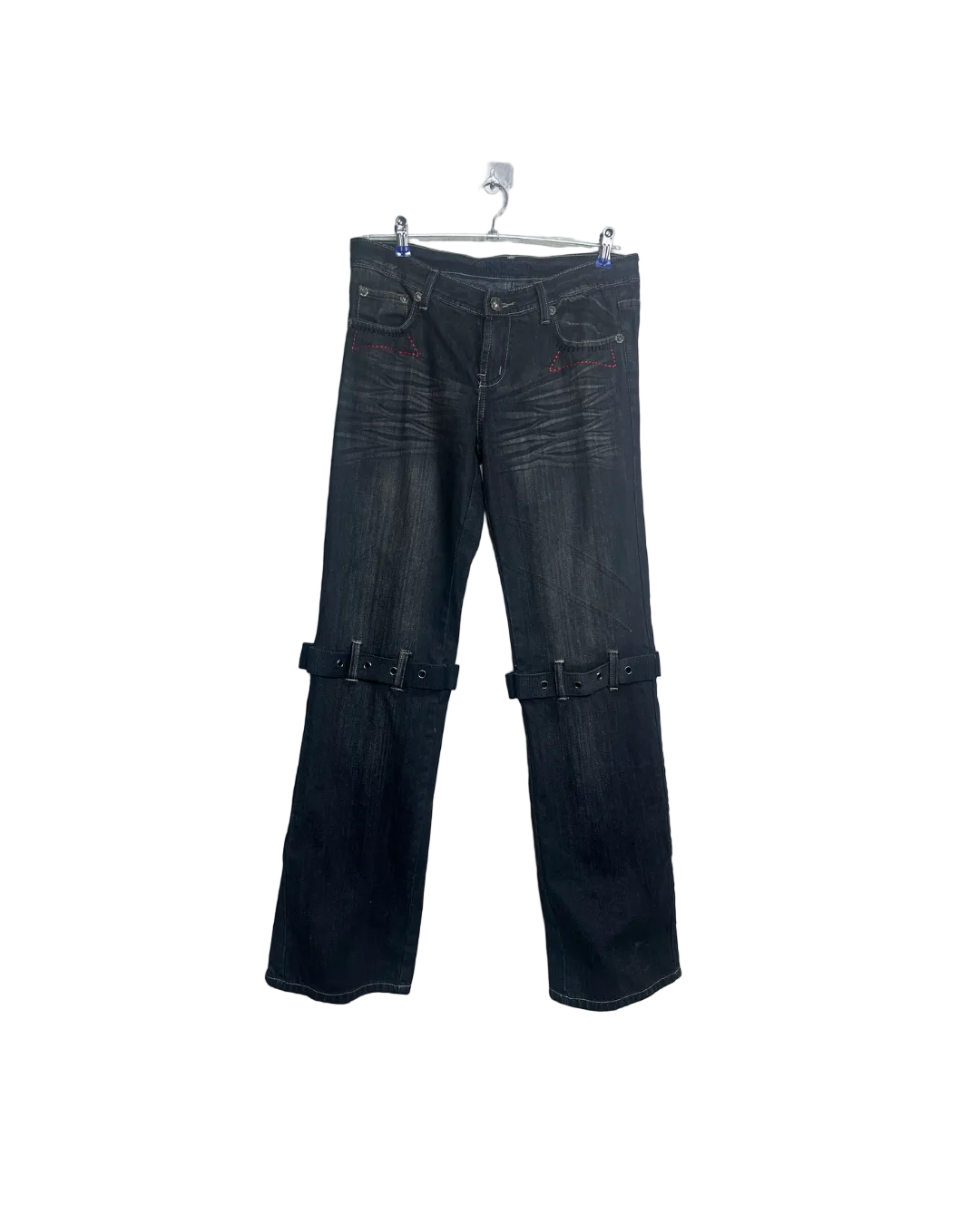 Miss Teen Y2K Dark Wash Jeans with Knee Buckles & Back Zippers