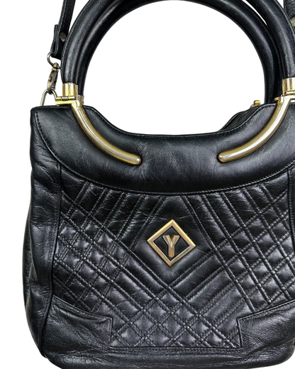 Vintage Black Quilted Leather Satchel with Gold Accents