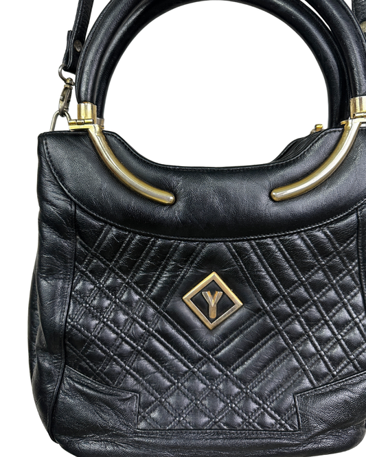 Vintage Black Quilted Leather Satchel with Gold Accents
