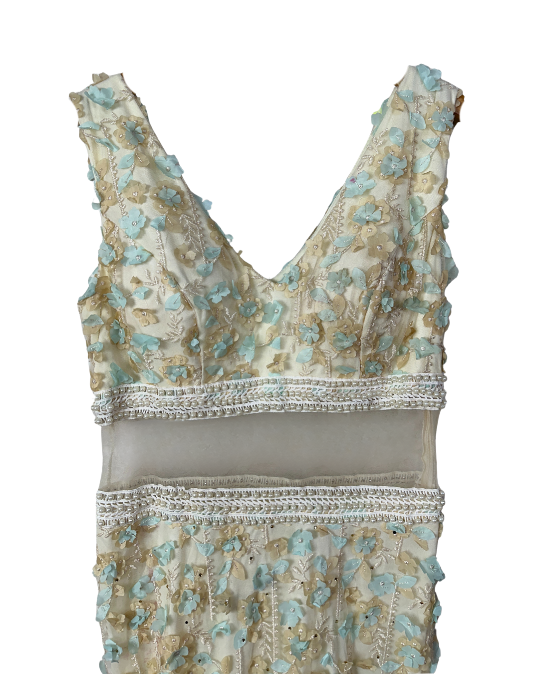 Ivory & Mint Fairycore 3D Floral Appliqués Pearl Beaded Gown