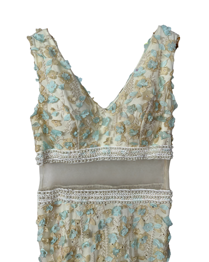 Ivory & Mint Fairycore 3D Floral Appliqués Pearl Beaded Gown