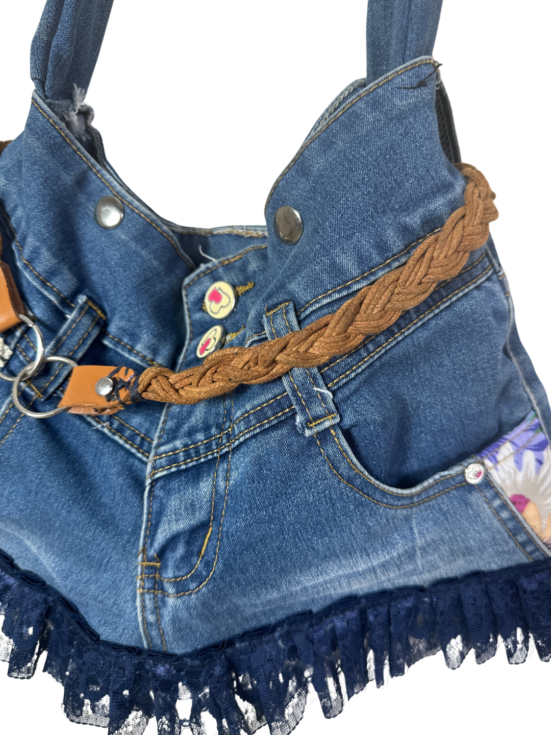 Upcycled Denim Jeans Shoulder Bag with Braided Belt and Lace Trim