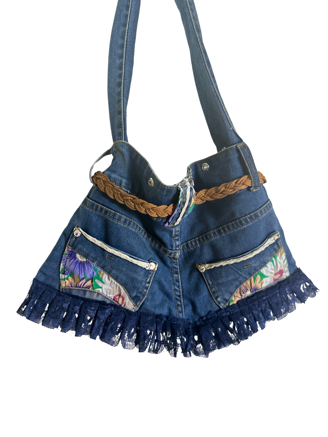 Upcycled Denim Jeans Shoulder Bag with Braided Belt and Lace Trim