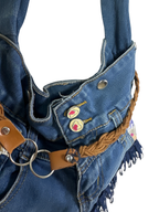 Upcycled Denim Jeans Shoulder Bag with Braided Belt and Lace Trim