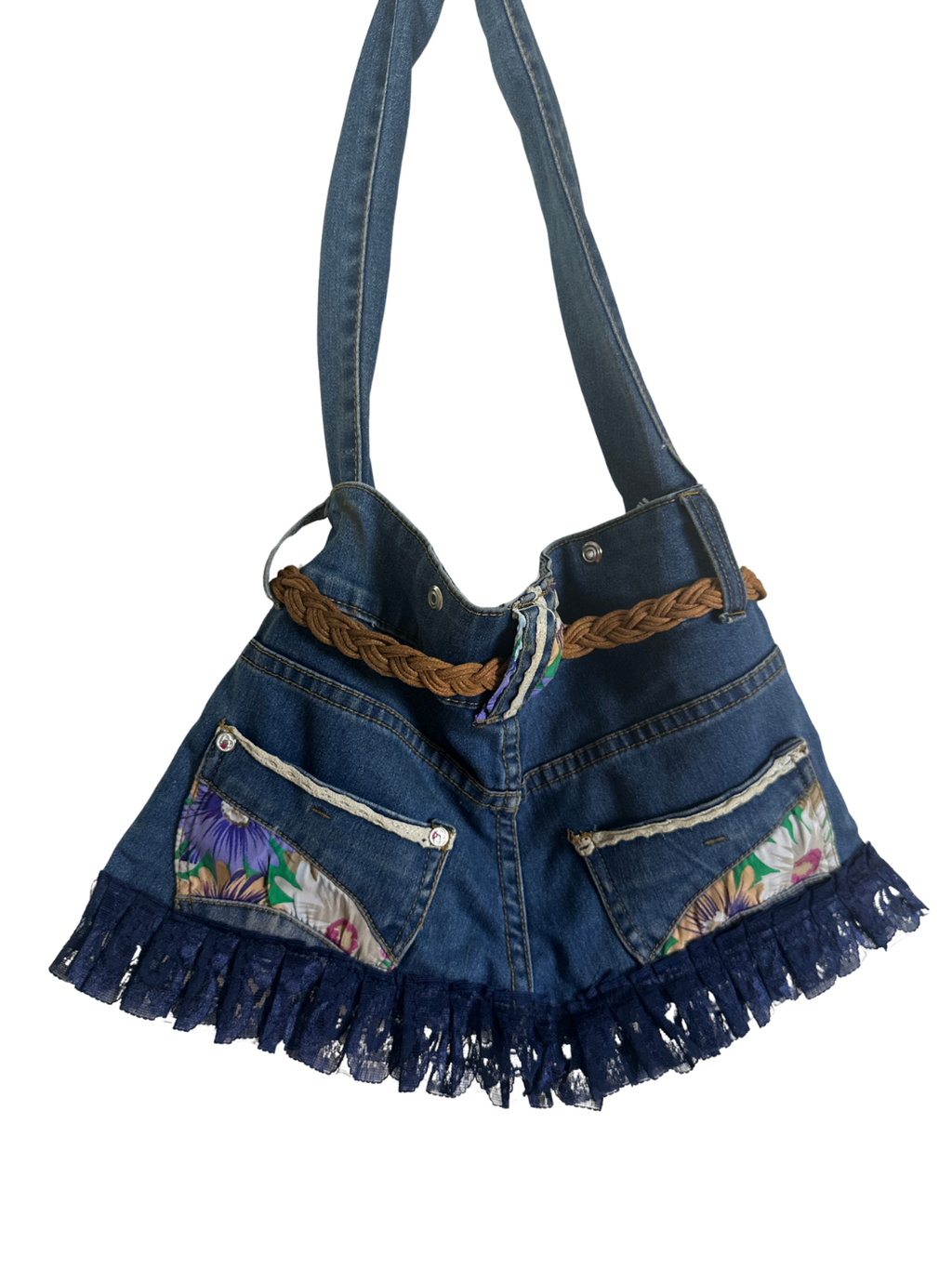 Upcycled Denim Jeans Shoulder Bag with Braided Belt and Lace Trim