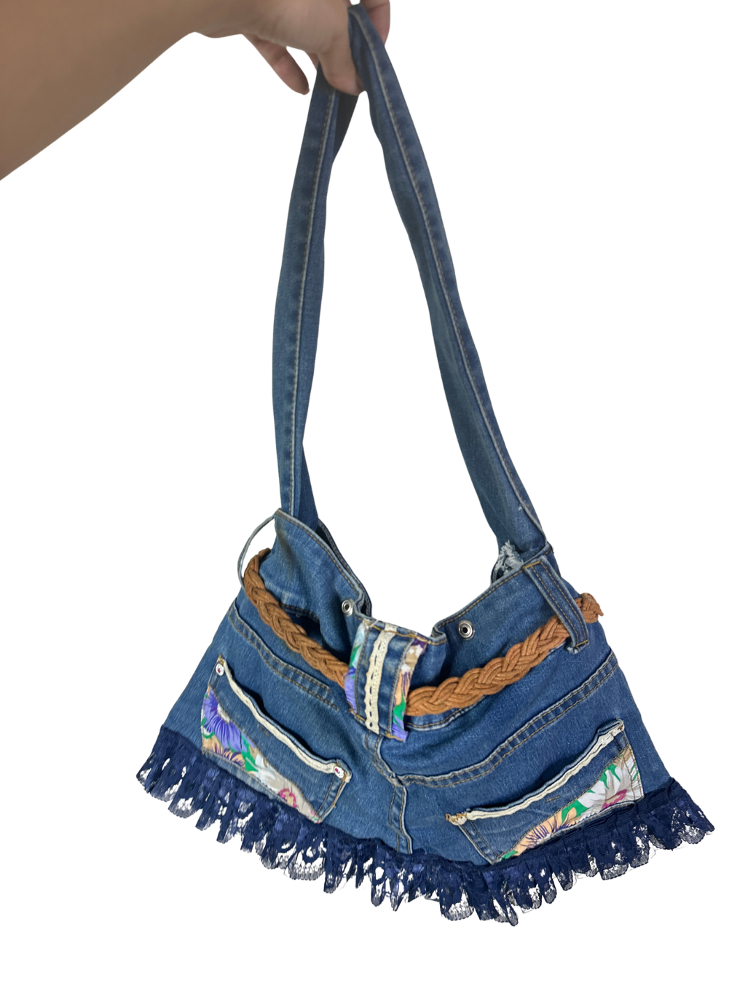 Upcycled Denim Jeans Shoulder Bag with Braided Belt and Lace Trim