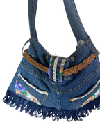 Upcycled Denim Jeans Shoulder Bag with Braided Belt and Lace Trim
