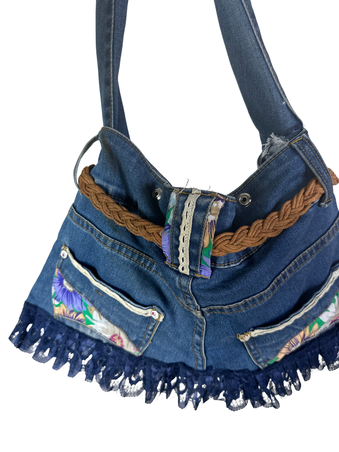 Upcycled Denim Jeans Shoulder Bag with Braided Belt and Lace Trim