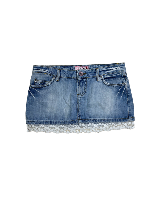 Y2K D-Side Cutecore Denim Mini Skirt w/ Lace - W28
