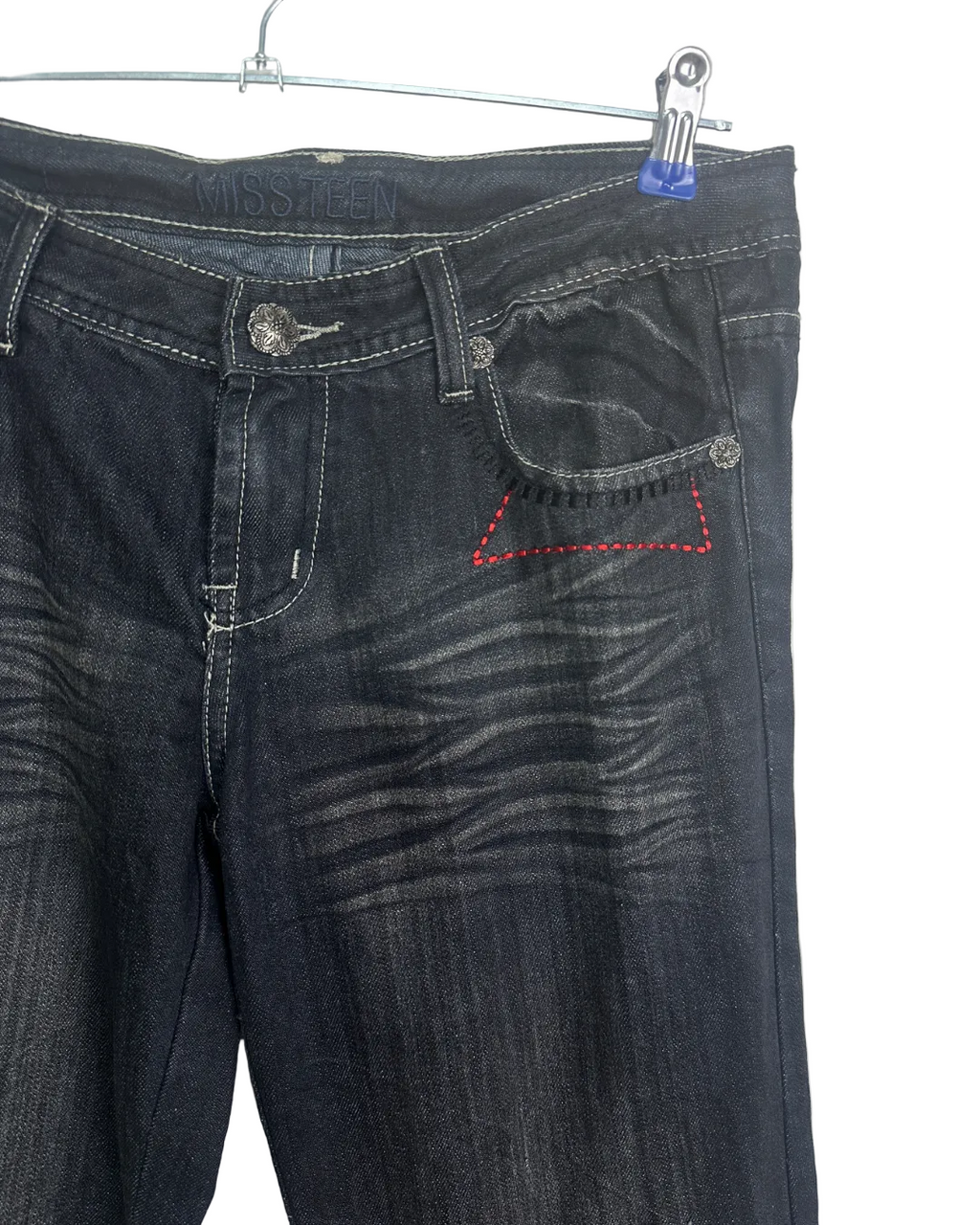 Miss Teen Y2K Dark Wash Jeans with Knee Buckles & Back Zippers