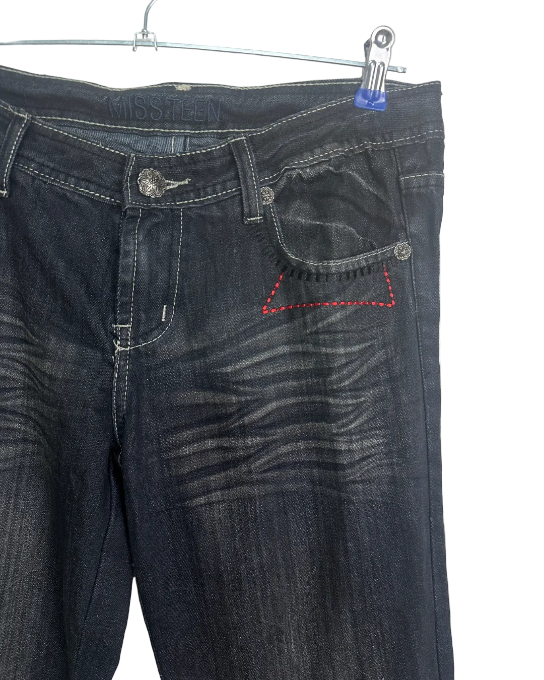 Miss Teen Y2K Dark Wash Jeans with Knee Buckles & Back Zippers