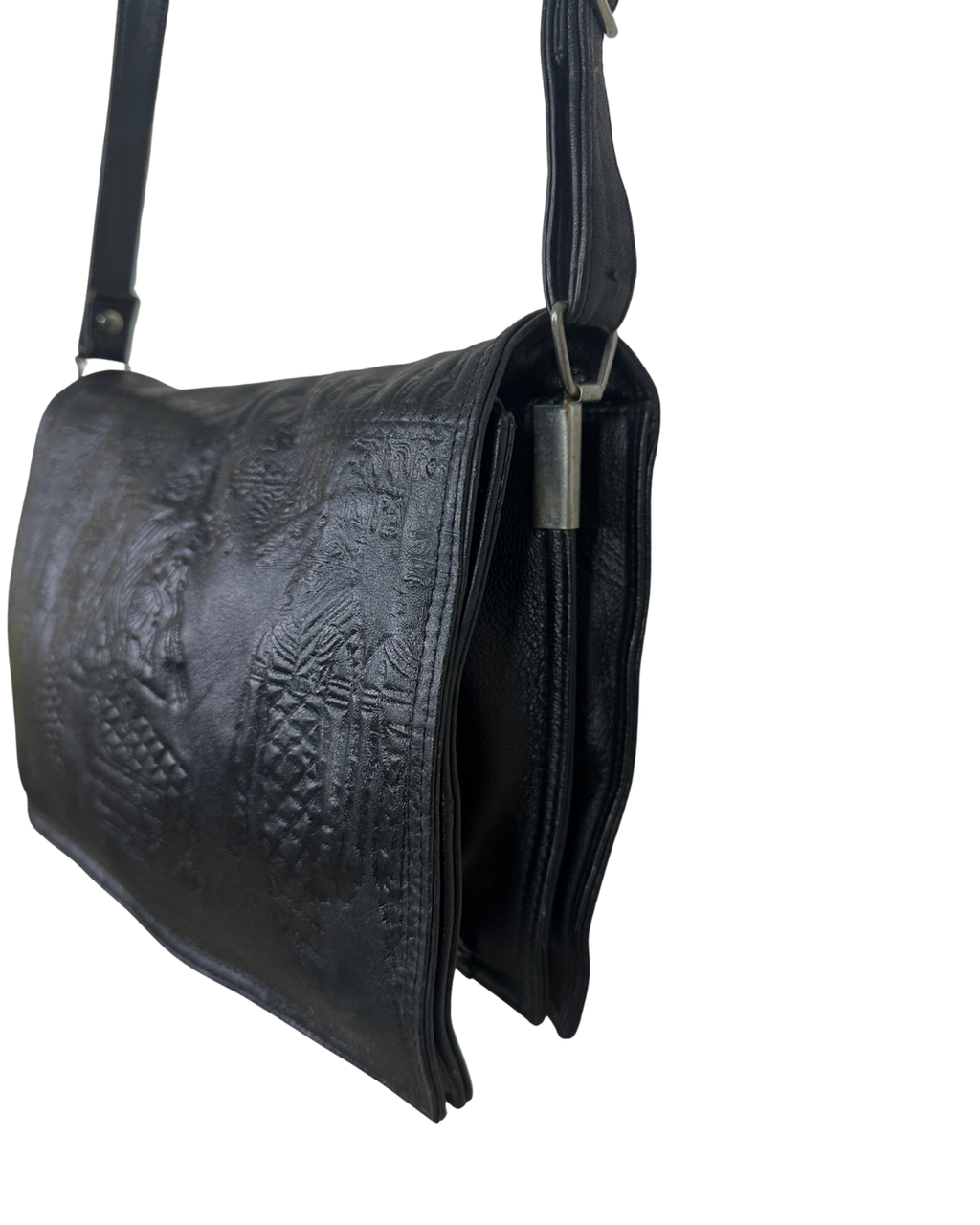 Genuine Leather Embossed Egyptian Motif Black Crossbody Bag