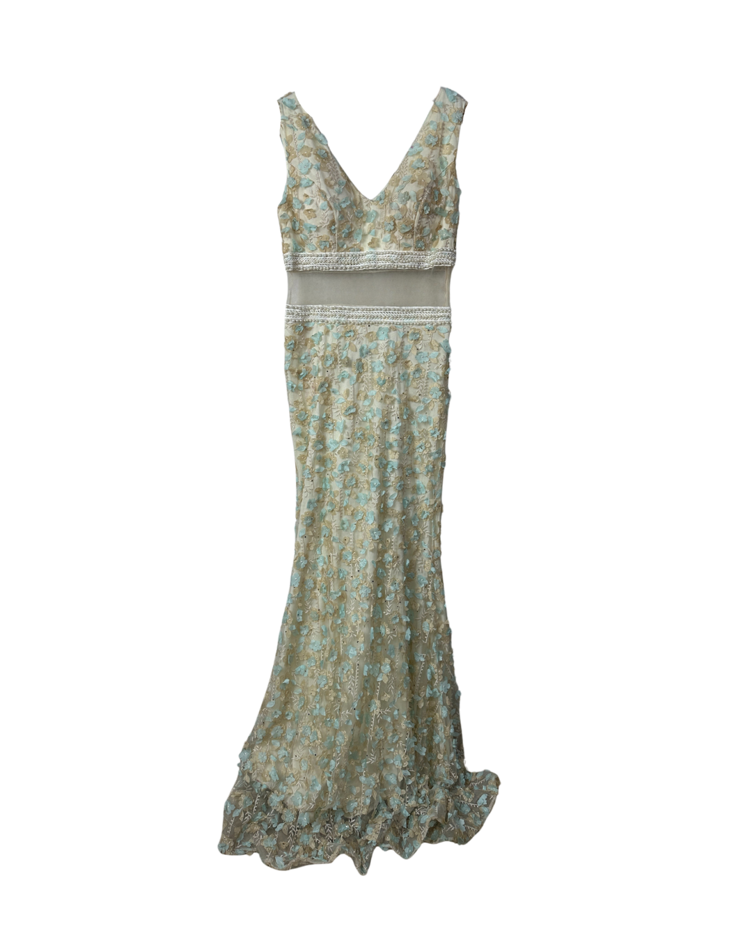 Ivory & Mint Fairycore 3D Floral Appliqués Pearl Beaded Gown