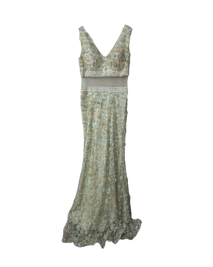 Ivory & Mint Fairycore 3D Floral Appliqués Pearl Beaded Gown