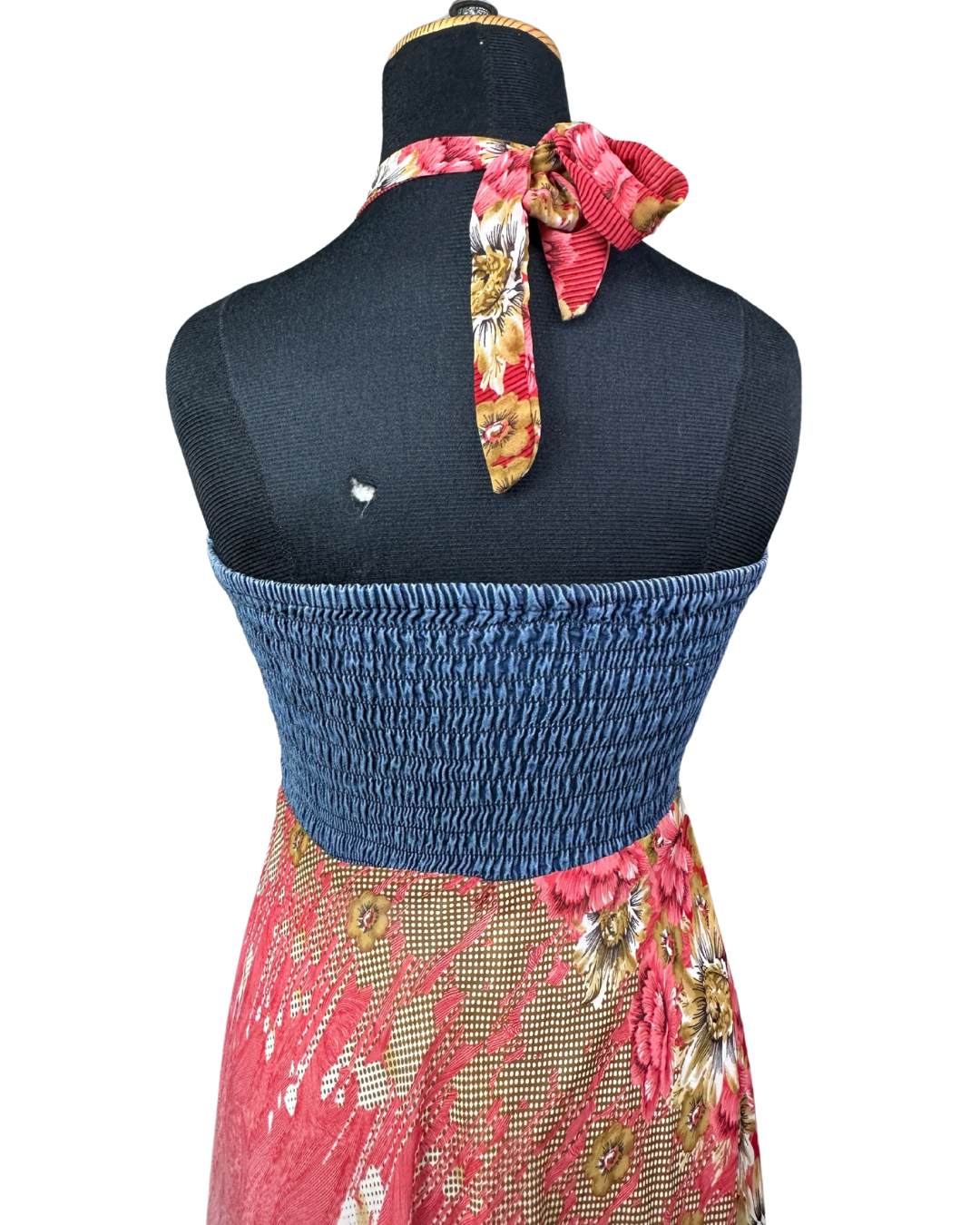 00s Y2K Halter Maxi Dress with Denim Bodice & Red Leather Belt Detail