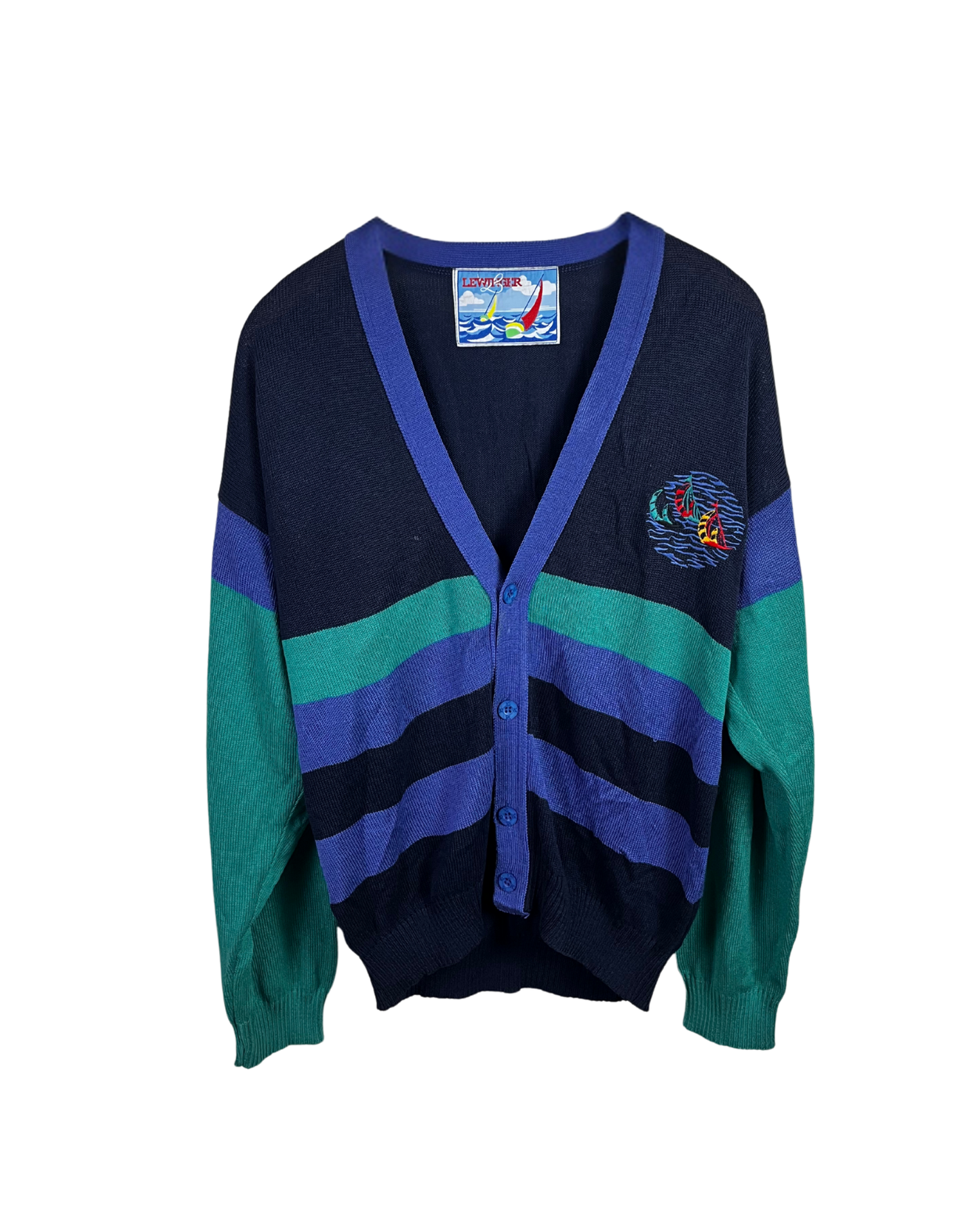Lewinger Colorblock Cardigan Sailboat Embroidery Large
