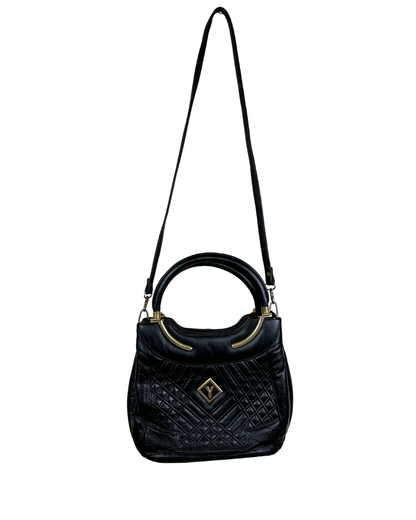 Vintage Black Quilted Leather Satchel with Gold Accents