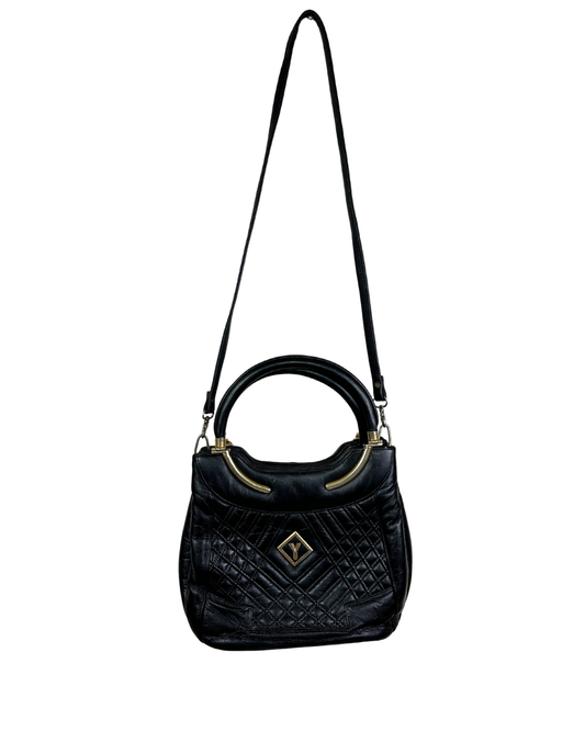 Vintage Black Quilted Leather Satchel with Gold Accents