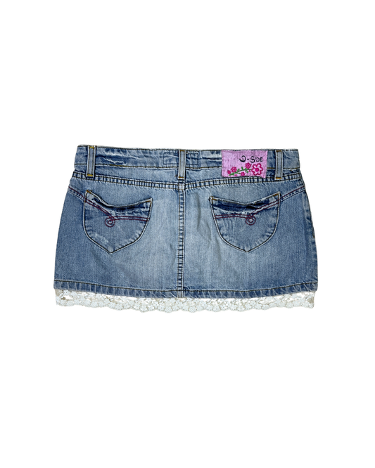 Y2K D-Side Cutecore Denim Mini Skirt w/ Lace - W28