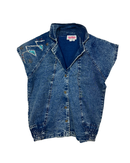 Vintage 80s Embellished Denim Vest Medium
