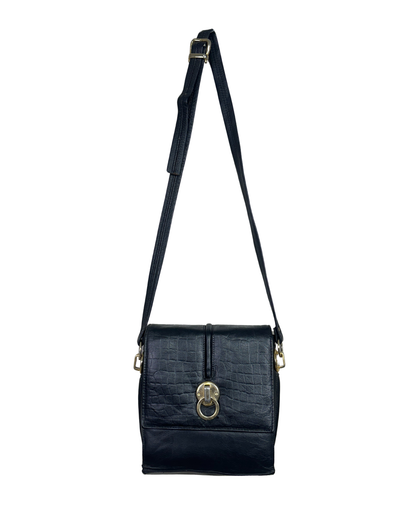 Vintage Leather Croc-Embossed Crossbody Messenger Bag