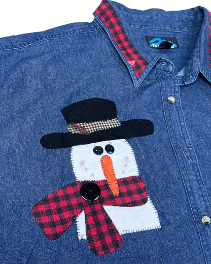 Vintage Denim Shirt with Plaid & Santa Applique Detailing 3XL