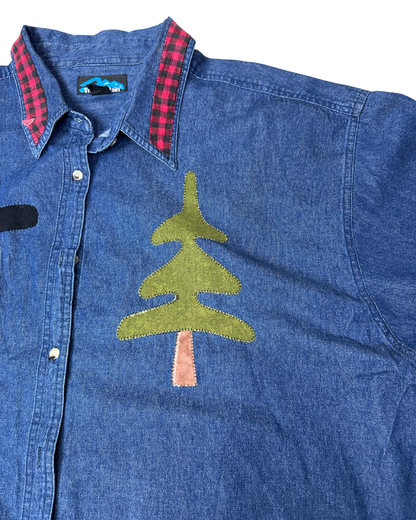 Vintage Denim Shirt with Plaid & Santa Applique Detailing 3XL