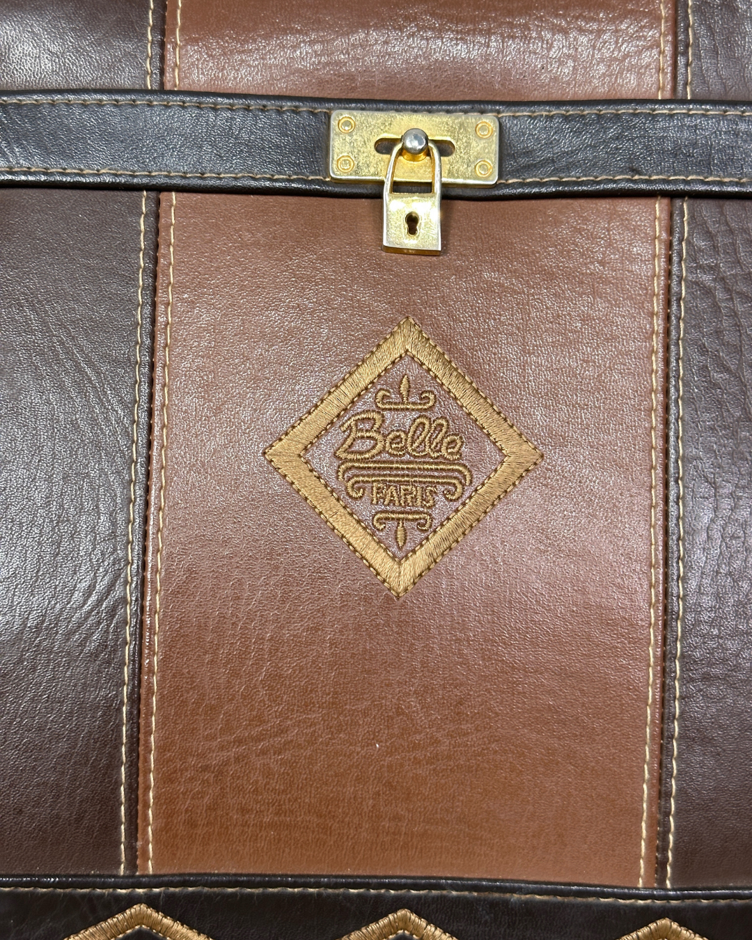 Vintage 1980s Belle Paris Brown Two-Tone Handbag with Gold Lock Detail