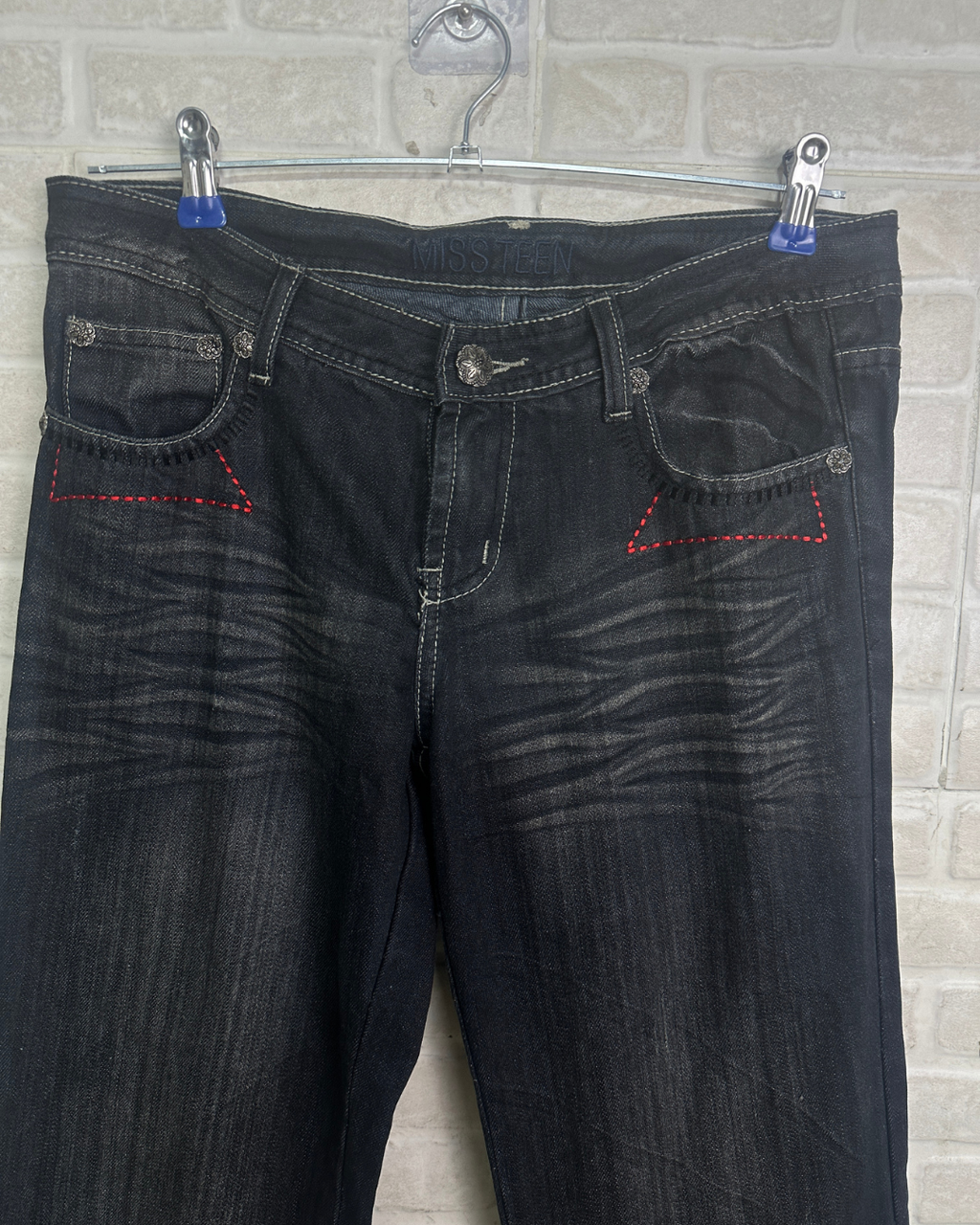 Miss Teen Y2K Dark Wash Jeans with Knee Buckles & Back Zippers