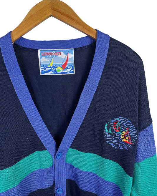 Lewinger Colorblock Cardigan Sailboat Embroidery Large