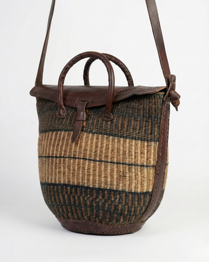 Vintage Handwoven Sisal & Leather Basket Bag