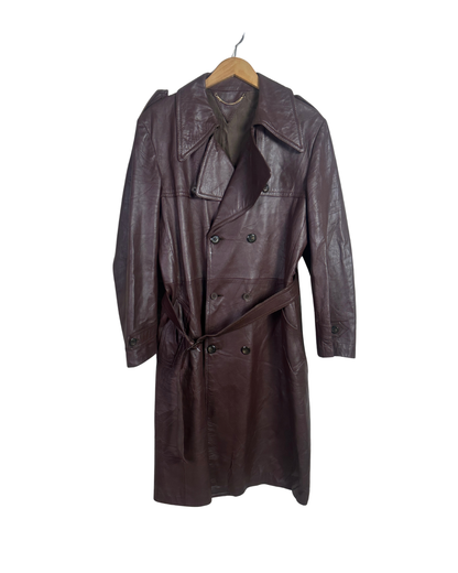 Vintage Brown Double Breasted Genuine Leather Trench Coat - Large