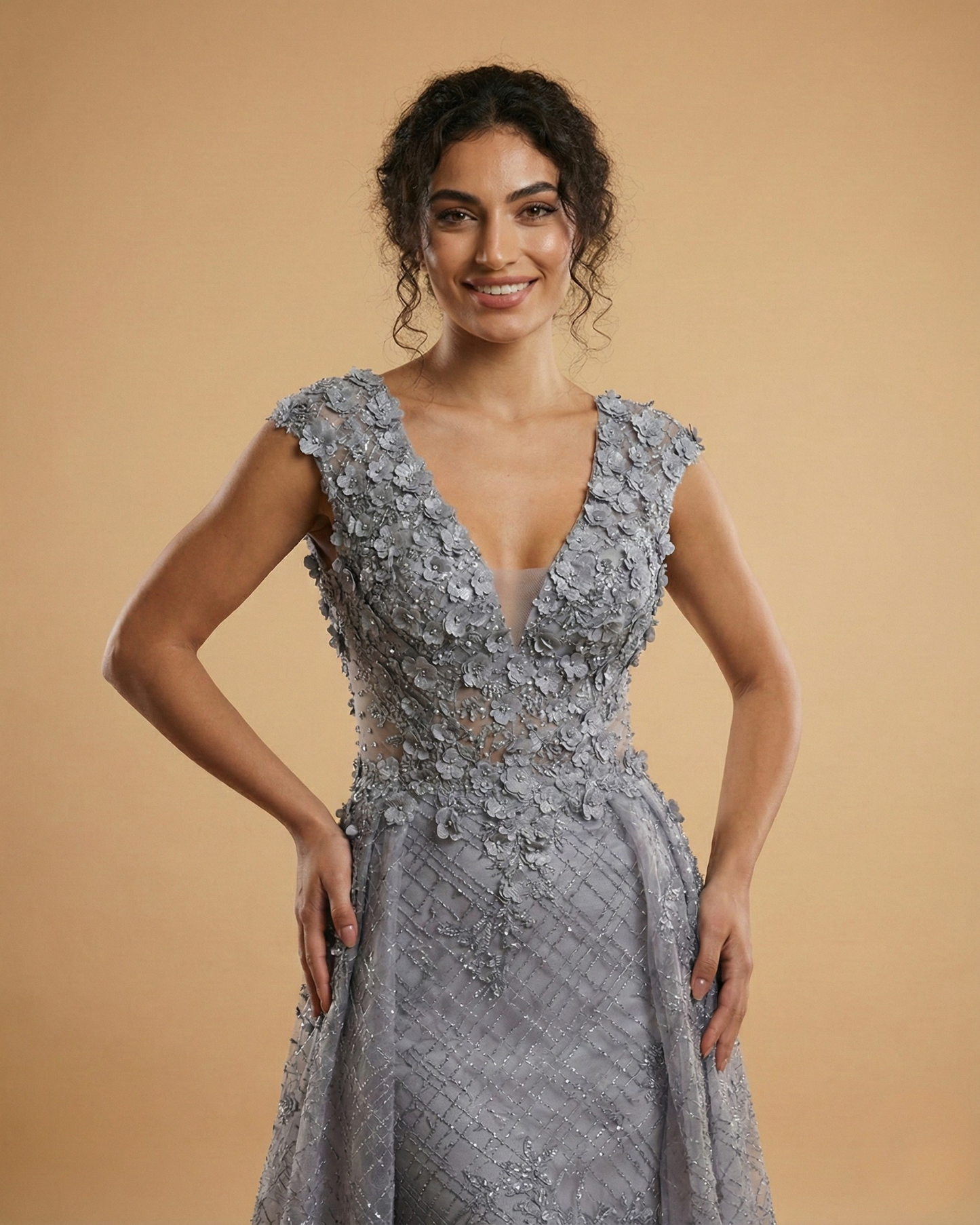 Lavender Embellished Mesh Gown with 3D Floral Appliqué & Flowing Train