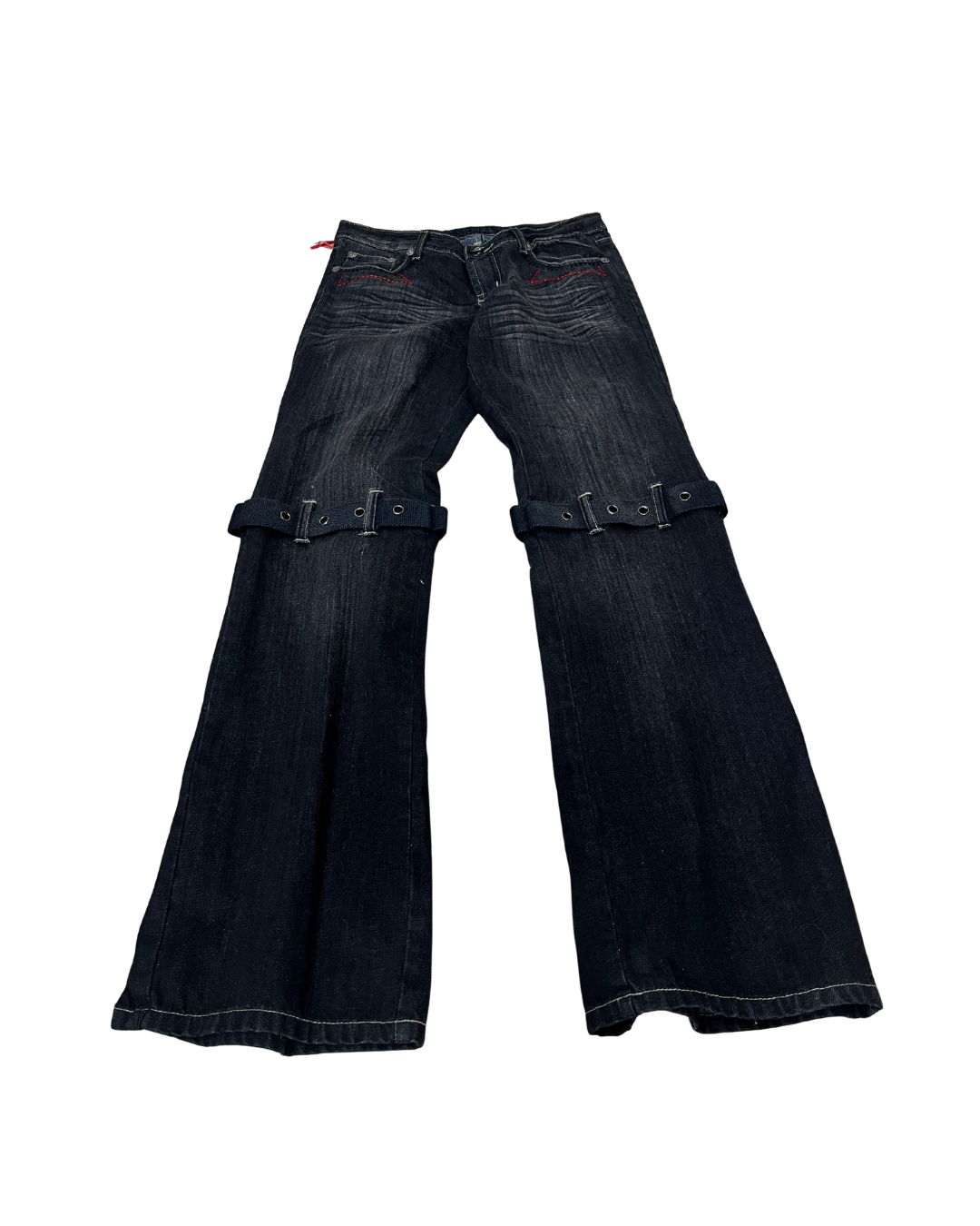 Miss Teen Y2K Dark Wash Jeans with Knee Buckles & Back Zippers