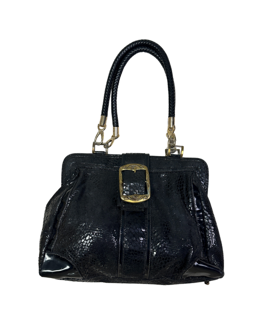 Vintage Black Faux Snakeskin Top-Handle Bag with Gold Buckle
